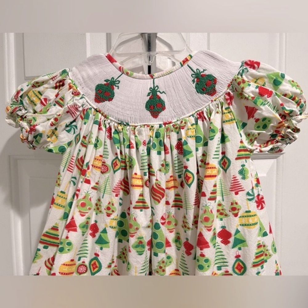 CUTE💝 Smocked Christmas Dress - Ornament Covered Fabric , Buttons on Back